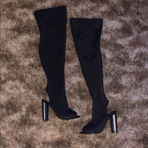 Peep toe Lycra cut out thigh high boots